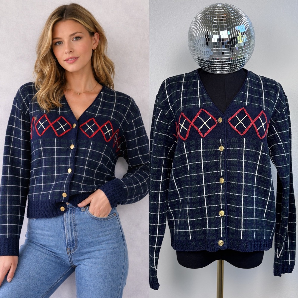 Liz Claiborne Golf Navy Argyle Plaid Cotton Cardigan Sweater Vtg 90s Collegiate